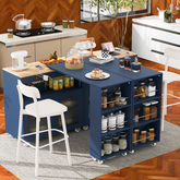 K&K Rolling Kitchen Island with LED Lights, Power Outlets & Storage, Navy
